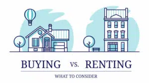 Graphic showing two house with Buying under one and Renting under the other.